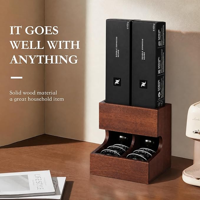 Wood Pod Dispenser Designed for Nespresso Vertuo Capsules, Freestanding Countertop Pods Rack, Coffee Pods Holder for Home or Office Kitchen Counter, Dispenses 2 Coffee Flavors (Brown-2)
