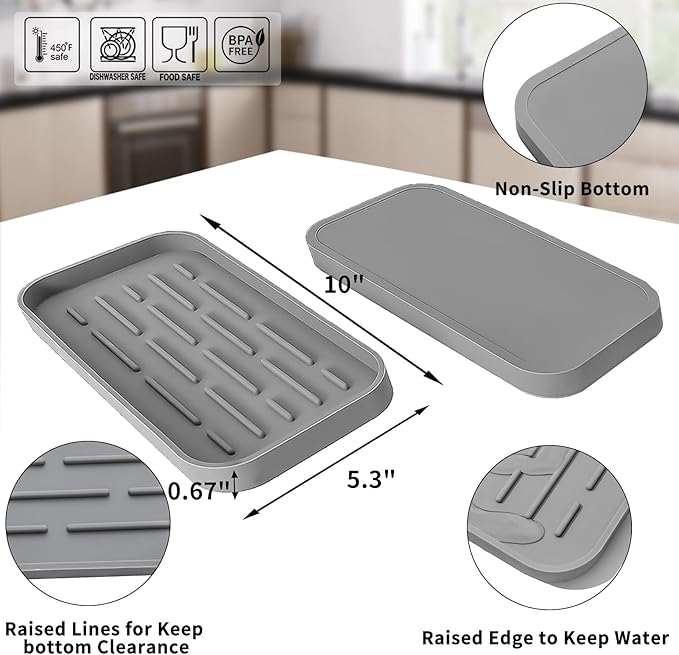 MicoYang Silicone Kitchen Sink Organizer Tray for Multiple Usage,Eco-Friendly Sponges Holder for Kitchen Bathroom Counter or Sink,Dish Soap Dispenser,Scrubber,Bottle,Cup (Grey, 10"×5.3")
