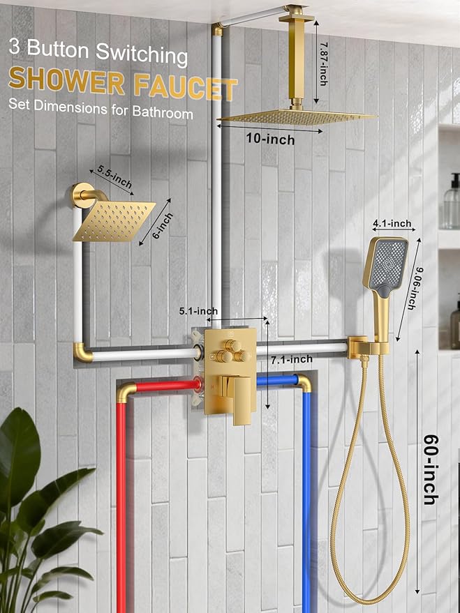 Shower Faucet Set, 10" Ceiling Mount Rainfall Shower System with 2 Rain Shower Head and Multi-function Handheld Head Push Button Diverter Shower Faucet Trim Kit Brushed Gold