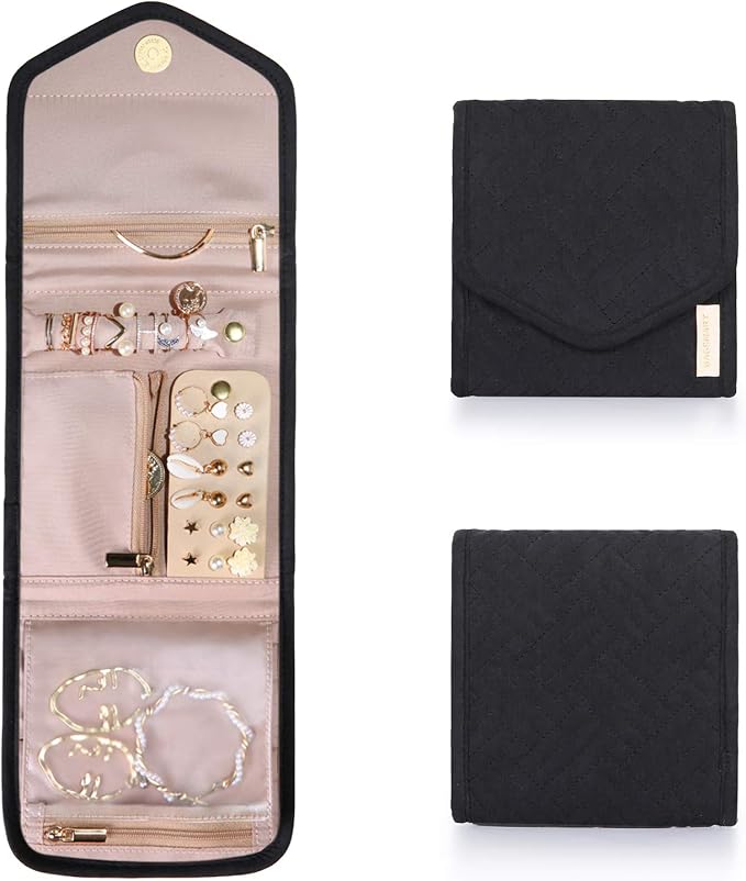 BAGSMART Travel Jewelry Organizer Case Foldable Jewelry Roll for Journey Rings, Necklaces, Earrings, Bracelets, Mini, Black