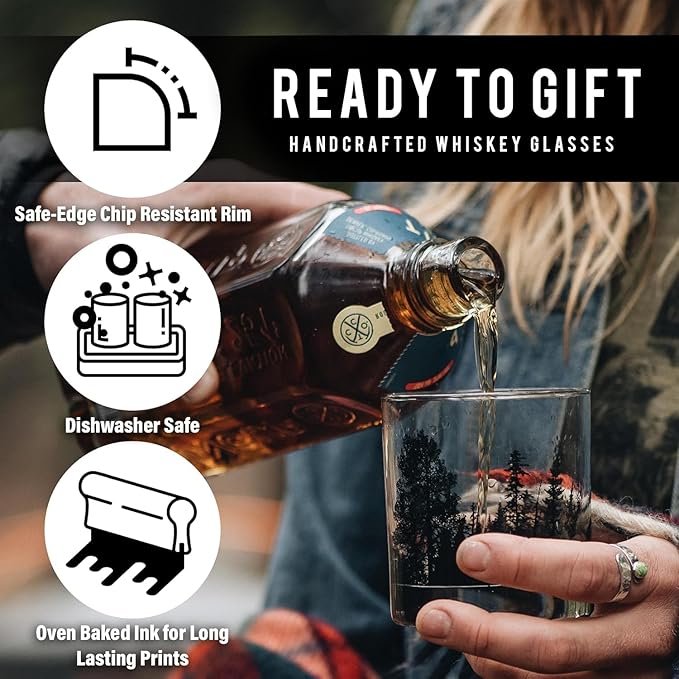 Rustic Moose Whiskey Glass Set by Black Lantern – Set of 2 11oz Heavy Base Old Fashioned Glasses | Forest Tumblers with Gift Box