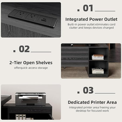 L Shaped Desk with Drawers for Home, 78-Inch Executive Office Desk with Power Outlet, Large Home Office Desks with Open Shelf and Storage Cabinet for Home, Grey Black