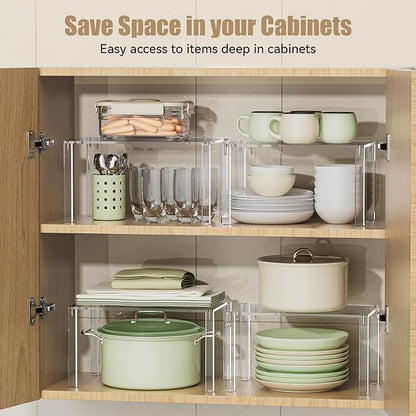 YUNEASELF Clear Cabinet Organizer: Acrylic Shelf Riser Set of 4 for Kitchen Pantry Organizers and Storage - Countertop Spice Rack for Cabinet - Stackable Display Shelf Decor for Gift