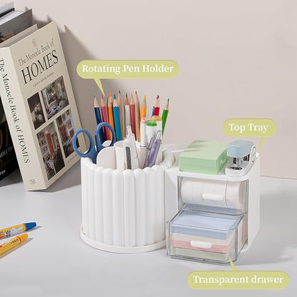 Anyoifax 360° Rotating Pen Holder 7 Slots Desk Organizer with Drawer Removable Pencil Cup Plastic Art Supplies and Accessories Desktop Storage Box Caddy for Office, School, Home (White)