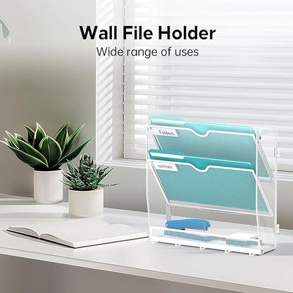 Wall File Organizer - Hanging File Organizer with 5 Hooks, Mail Holder Wall Mounted for Papers, Folders, Magazines, Bills, 3 Tier Office&School Organization, White