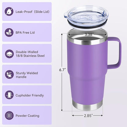 20oz Tumbler Bulk with Lid, Stainless Steel Tumbler Bulk with Handle, Metal Insulated Travel Coffee Mug Set with Handle, Double Wall Vacuum Leak Proof Tumbler Cup, Purple 12 Pack