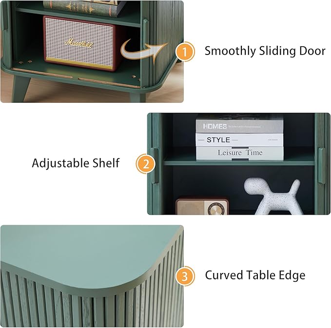 24" Large Fluted End Table with Charging Station, Farmhouse Sofa Side Table with Sliding Tambour Door & Storage, Curved Rustic Wood Nightstand for Living Room, Bedroom, Green