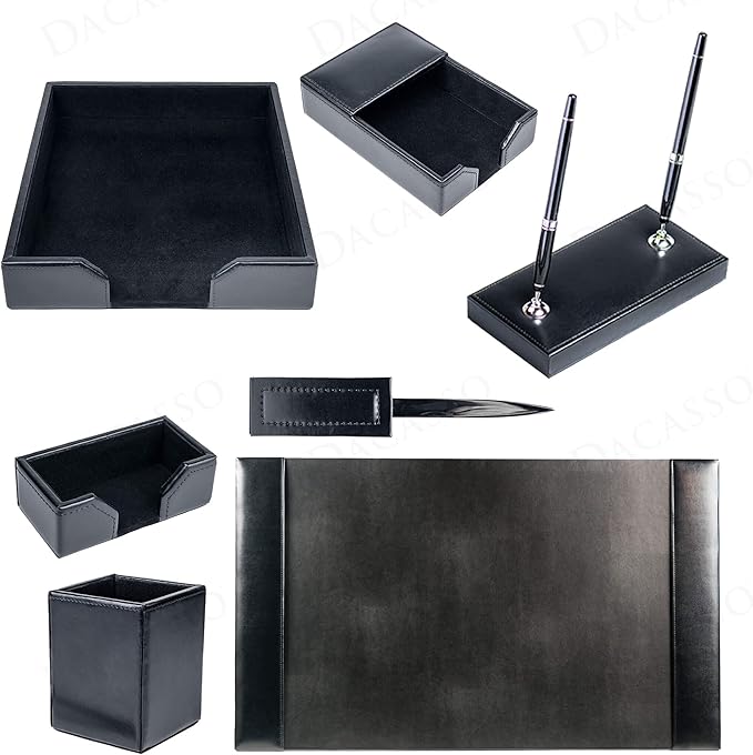 Dacasso Black Bonded Leather Luxury 7 Piece Desk Set - Blotter Pad & Desk Mat Organization Essentials - Executive Decor and Surface Protector