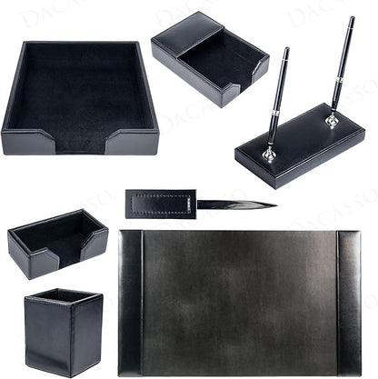 Dacasso Black Bonded Leather Luxury 7 Piece Desk Set - Blotter Pad & Desk Mat Organization Essentials - Executive Decor and Surface Protector