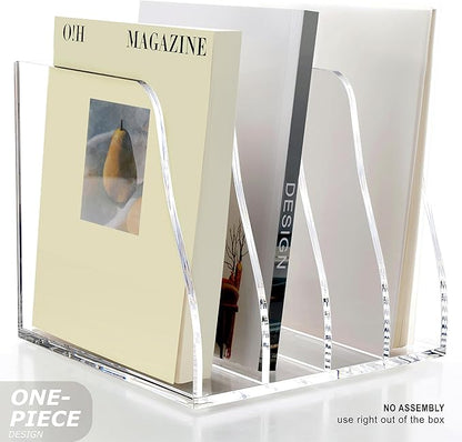 SANRUI Acrylic Desk Magazine File Organizer, 4 Vertical Compartments Clear Document Sorter Organizer Holder Workspace Sorters, Folder Rack for Office Accessories Organization Storage, B5 Size