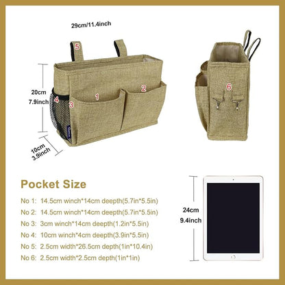 Surblue Bedside Caddy Hanging Bed Organizer Storage Bag Pocket for Bunk and Hospital Beds, College Dorm Rooms Baby Bed Rails, Camp 4 Pockets and 2 Hooks (Small,Linen)