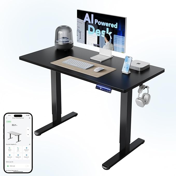 HUANUO One-Piece AI-Powered Electric Standing Desk, Smart APP, Compatible with Alexa & Google, Adjustable Height, 6 Memory Settings, Sedentary Reminder, Ergonomic Sit-Stand Desk, 48-inch, Black