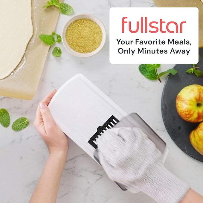 Fullstar Mandoline Slicer for Kitchen, Fruit Cutter, Cheese Grater, Cucumber Slicer, Veggie Spiralizer, Food Cutter & Kitchen Gadgets & Gifts with Safety Glove (11 in 1, White)