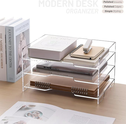 SANRUI Paper Letter Tray Organizer 3 Tier Acrylic Desk File Organizer with Bottom Handle, Paper Sorter Organizer for Letter/A4 Office Organization,Clear