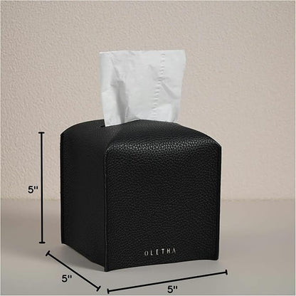 OLETHA Square Tissue Box Cover - Aesthetic Desk Decor for Room, Home & Office - Tissues Cube Boxes Holder - Black, Set of 2