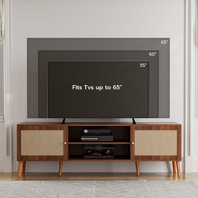 ZttRiee TV Stand for TVs up to 65'', Entertainment Center With Rattan Door, Shelves & 2 Cabinets, Long Boho Media Console for Living Room, Walnut