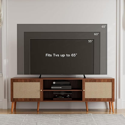 ZttRiee TV Stand for TVs up to 65'', Entertainment Center With Rattan Door, Shelves & 2 Cabinets, Long Boho Media Console for Living Room, Walnut