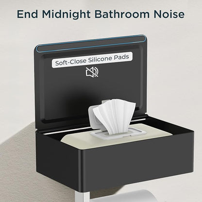 FORIOUS Toilet Paper Holder with Shelf, Sanitary Napkin Receptacle Tampon Holder, Wall Mount Toilet Paper Holder with Storage, Flushable Wipes Dispenser Fits for Bathroom Commercial Black & Nickel