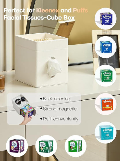 Cloudever Tissue Box Holder Cover, Modern PU Leather Square Decorative Tissue Holder Organizer-Woven New Off White