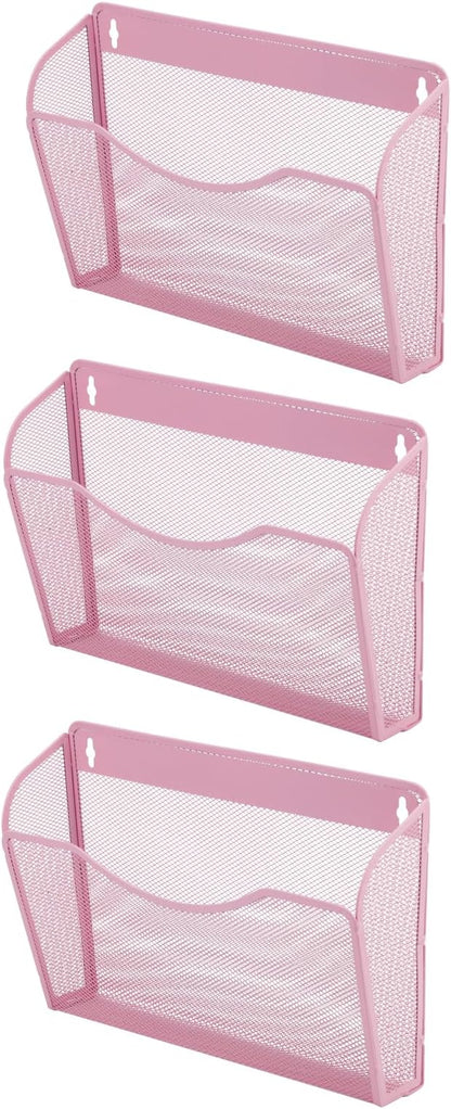 EASEPRES 3 Single Pocket Mesh Hanging File Organizer, Vertical Wall Mounted Magazine File Holder, Mount Basket Mail Paper Document Folder Organizing for Office, Home and School, Pink