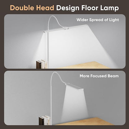 LED Floor Lamp for Living Room, Bright Reading Lamps for Office, Adjustable Colors Temperatures&Brightness, Dual Head Goose Neck Standing Lamp, Remote and Button Control, Eye-Caring Tall Lamp, White
