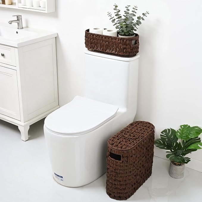 Livole 2-in-1 Toilet Paper Basket with Lid Toilet Paper Storage - 16 Regular Rolls or 12 Mega Rolls Woven Plastic Rattan Waterproof Toilet Paper Organizer for Bathroom, Browm