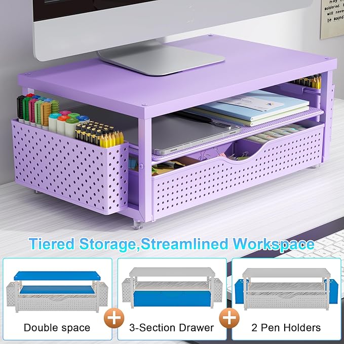 gianotter Monitor Stand Riser, Desk Organizer with Drawer and 2 Pen Holders, 2-Tier Workspace Organizer for Office Supplies