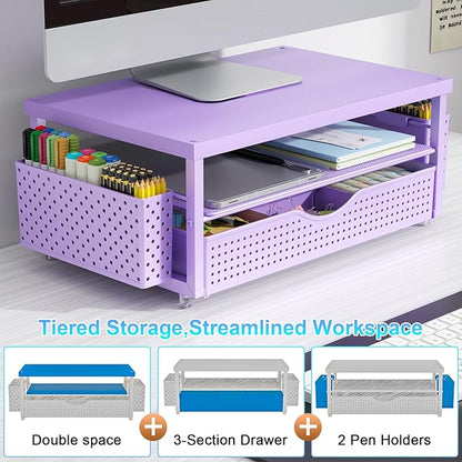 gianotter Monitor Stand Riser, Desk Organizer with Drawer and 2 Pen Holders, 2-Tier Workspace Organizer for Office Supplies