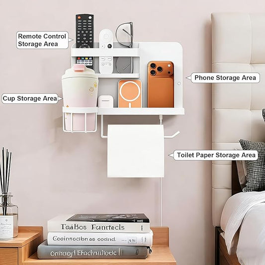 Bcareself Bedside Wall Organizer, Floating Bedside Shelf Wall Mount, Dorm Room Essentials, Remote Control Holder, Dorm Decor Organization and Storage Cool Teen Girls Trendy Stuff (White)