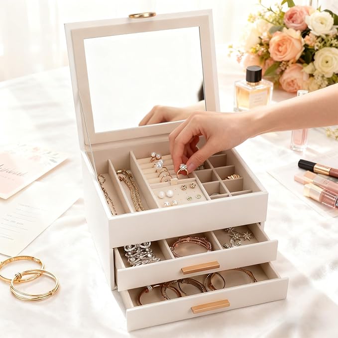 Jewelry Storage Box for 150+ Items - Features a Mirror, Smooth Gliding Drawers, and Non-Slip Earring Pads for Maximum Organization White