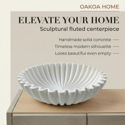 OAKOA Large Decorative Bowl - White Decorative Bowls for Home Decor - Organic Modern Home Decor Bowl - Concrete Ruffle Bowl Decor - Fluted Bowl - Scalloped Bowl