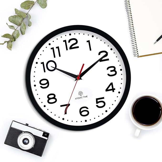 Roymnie Atomic Wall Clock 10 Inch, Modern Clock Battery Operated Classic Analog Decorative for Kitchen, Living Room, Office, Bedroom, Bathroom (Black)