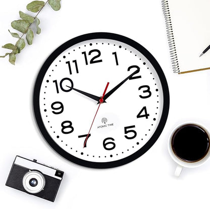 Roymnie Atomic Wall Clock 10 Inch, Modern Clock Battery Operated Classic Analog Decorative for Kitchen, Living Room, Office, Bedroom, Bathroom (Black)