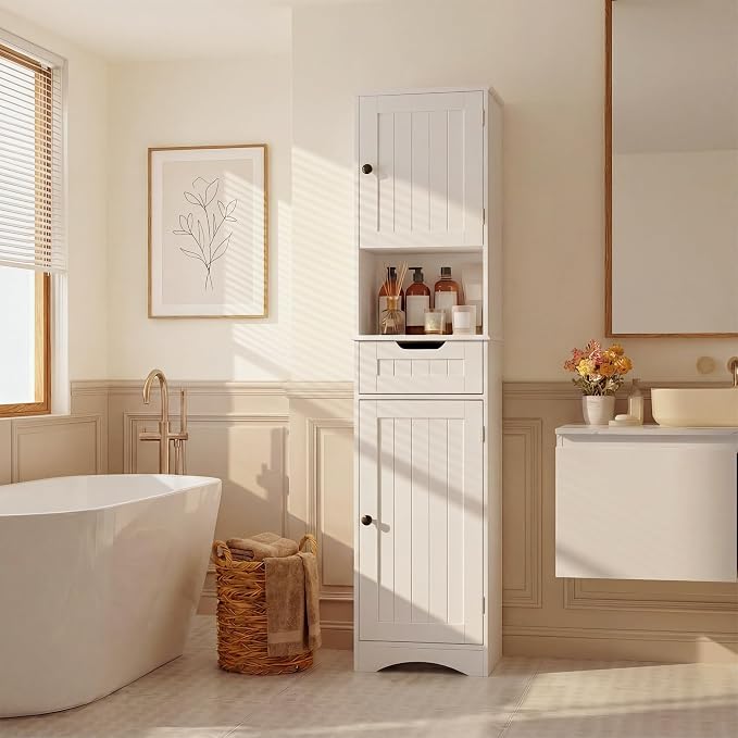 Gizoon 67" H Tall Bathroom Storage Cabinet, Narrow Storage Cabinet with 2 Doors & Drawer, Towel Cabinet with Freestanding Adjustable Shelves for Small Spaces, Kitchen, Living Room, Anti-Tipping, White