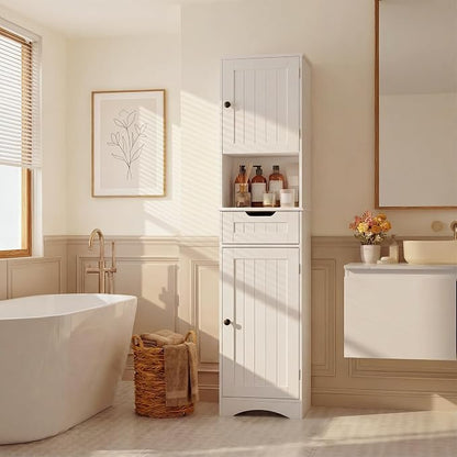 Gizoon 67" H Tall Bathroom Storage Cabinet, Narrow Storage Cabinet with 2 Doors & Drawer, Towel Cabinet with Freestanding Adjustable Shelves for Small Spaces, Kitchen, Living Room, Anti-Tipping, White