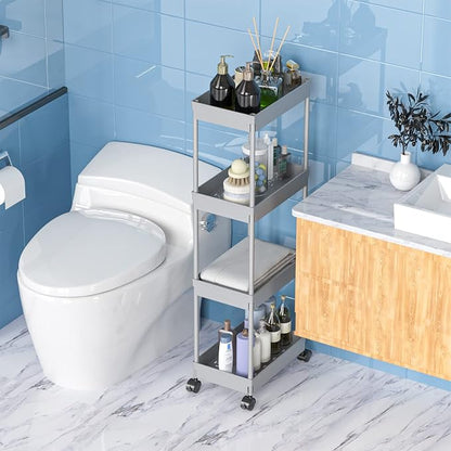 Sooyee 4 Tier Wide Storage Cart Mobile Shelving Unit Organizer Slide Out Storage Rolling Utility Cart Tower Rack for Kitchen Bathroom Laundry, Plastic & Stainless Steel,Grey