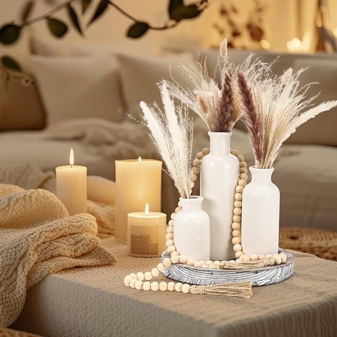 5 Pcs Rustic Country Tabletop Centerpieces Decor Set of 3 Boho Ceramic Vases with Wooden Serving Tray Wood Bead Garland Tassels Table Holder for Home Decorations(Gray)