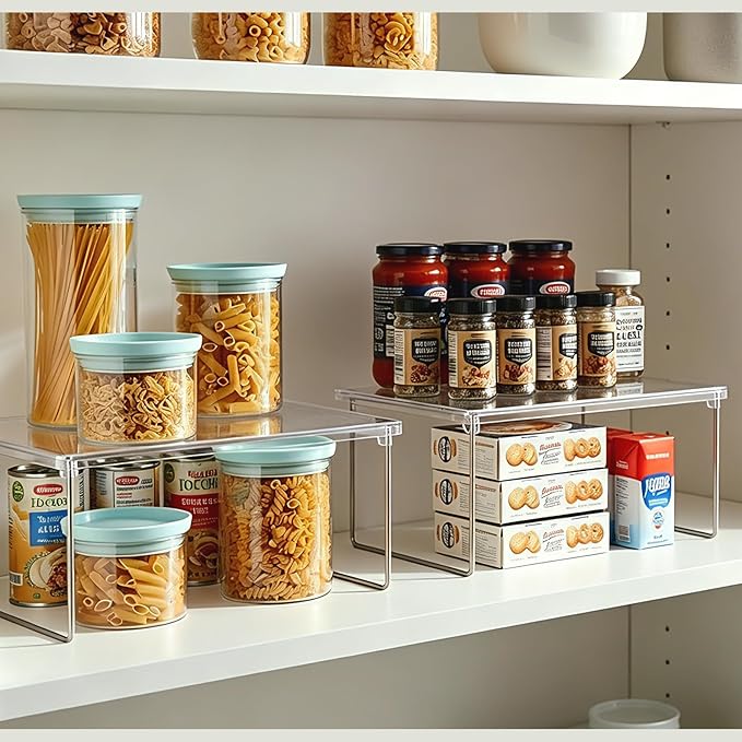 IVYHOME Pantry Organizer, Cabinet Storage Shelf Rack, Stackable Kitchen Cabinet, Foldable Countertop Shelf Organizer, 2 Pack