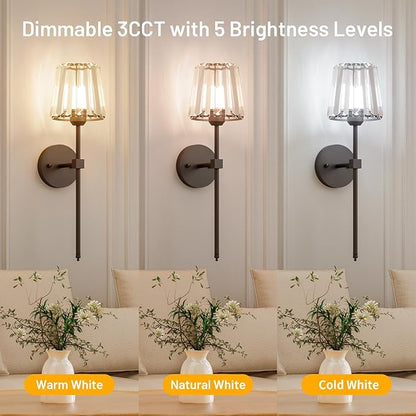 Crystal Battery Operated Wall Sconces Set of 2, Black Rechargeable Wireless Wall Sconce Lights with Crystal Lampshade, 12 RGB and 3CCT Dimmable Wall Lamps with Remote for Bedroom Living Room Hallway