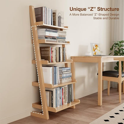 AQIMUELE Wooden Ladder Shelf with Edges, 5-Tier Modern Leaning Bookshelf Ladder – Stylish Space-Saving Bookcase for Living Room, Bedroom & Home Office