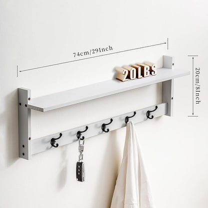 29Inch Wall Mounted Coat Rack with Hooks and Shelf - Large Rustic Wood Coat Hangers for Hats, Keys, Towels, Robes – Functional Entryway Wall Organizer for Bathroom, Kitchen, Mudroom (White)