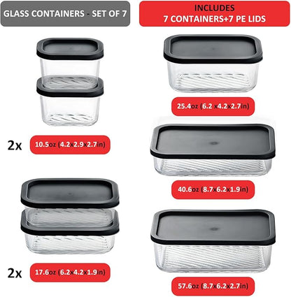 EATEX 7 Pack Glass Meal Prep Containers with Grooved Base, 7 Stackable BPA Free Glass Storage Containers with Lids for Lunch, Pantry, and Kitchen - Microwave, Dishwasher Freezer & Oven Safe - Black