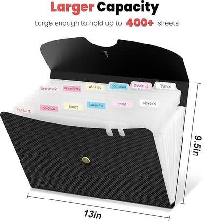 Sooez Expanding File Folder, 13 Pocket Accordion File Organizer, Monthly Expandable File Folder for Documents with Labels, Portable Bill Receipt Organizer for School Office Supplies, Letter A4 Size