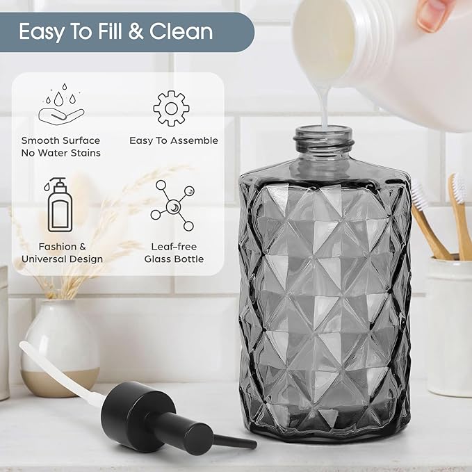 Topsky Glass Soap Dispenser with Plastic Pump, 330ml Liquid Hand Soap Dispenser, Rustproof Pump for Kitchen & Bathroom, Great for Lotions, Essential Oil, Liquid Soaps Clear Black