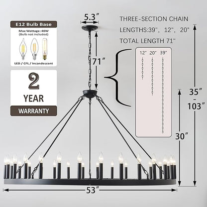 53 Inch Black Extra Large Wagon Wheel Chandelier, 30-Lights Farmhouse Industrial Round High Ceiling Pendant Light Adjustable Chain, for Dining Room, Living Room