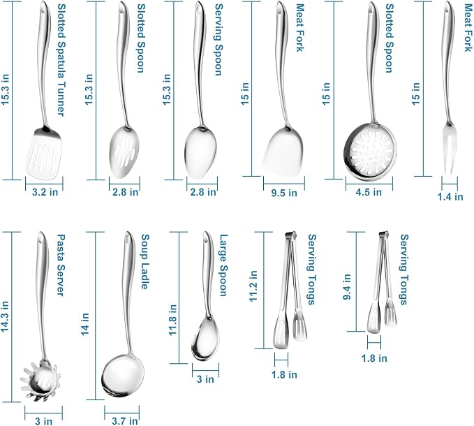 304 Stainless Steel Cooking Utensils Set for Stainless Steel Sleek Kitchen Utensil Holder, 12 PCS Large Metal Cooking Utensil Tools Set with Holder,Fork,Spatulas,Spoons,Skimmer,Ladle,Pasta Server,Tong