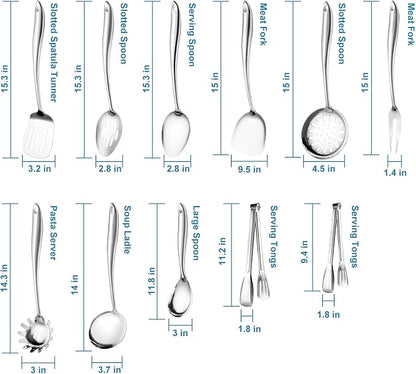 304 Stainless Steel Cooking Utensils Set for Stainless Steel Sleek Kitchen Utensil Holder, 12 PCS Large Metal Cooking Utensil Tools Set with Holder,Fork,Spatulas,Spoons,Skimmer,Ladle,Pasta Server,Tong