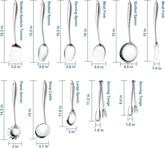 304 Stainless Steel Cooking Utensils Set for Stainless Steel Sleek Kitchen Utensil Holder, 12 PCS Large Metal Cooking Utensil Tools Set with Holder,Fork,Spatulas,Spoons,Skimmer,Ladle,Pasta Server,Tong