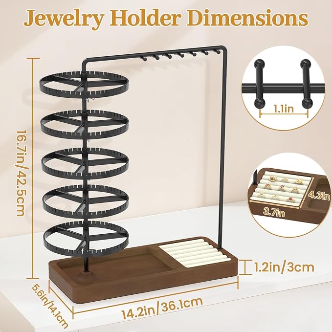 MODOWEY Earring Holder Organizer Jewelry Stand, 285 U-Slots Adjustable Rotating Earring Tree Rack, 14 Hooks Tall Necklace Display for Women, 5 Tier Compact Large Capacity Tower with Ring Tray, Black
