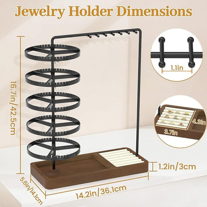 MODOWEY Earring Holder Organizer Jewelry Stand, 285 U-Slots Adjustable Rotating Earring Tree Rack, 14 Hooks Tall Necklace Display for Women, 5 Tier Compact Large Capacity Tower with Ring Tray, Black